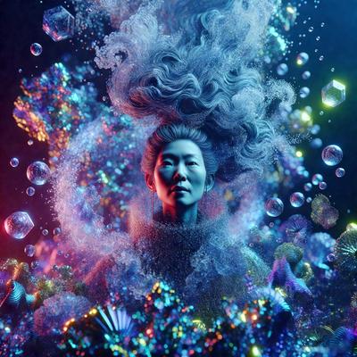 The primary subject of the image is a woman with long hair, who appears to be a mermaid. She is surrounded by a vibrant and colorful underwater environment, which includes a variety of fish and other aquatic creatures. The setting is a mix of digital art and illustration, creating a visually stunning and imaginative scene. The colors and mood of the image are lively and whimsical, with a strong focus on the woman's mermaid appearance and the vivid, colorful underwater world.